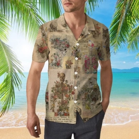 Skull Skeleton Covered With Flowers 3D All Over Print Button Design For Halloween Hawaii Shirt