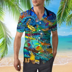 Skull Skeleton Surfing On The Beach 3D All Over Print Button Design For Halloween Hawaii Shirt