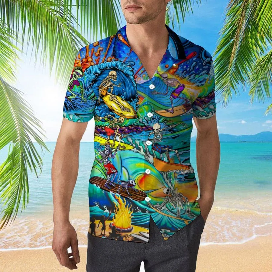 Skull Skeleton Surfing On The Beach 3D All Over Print Button Design For Halloween Hawaii Shirt