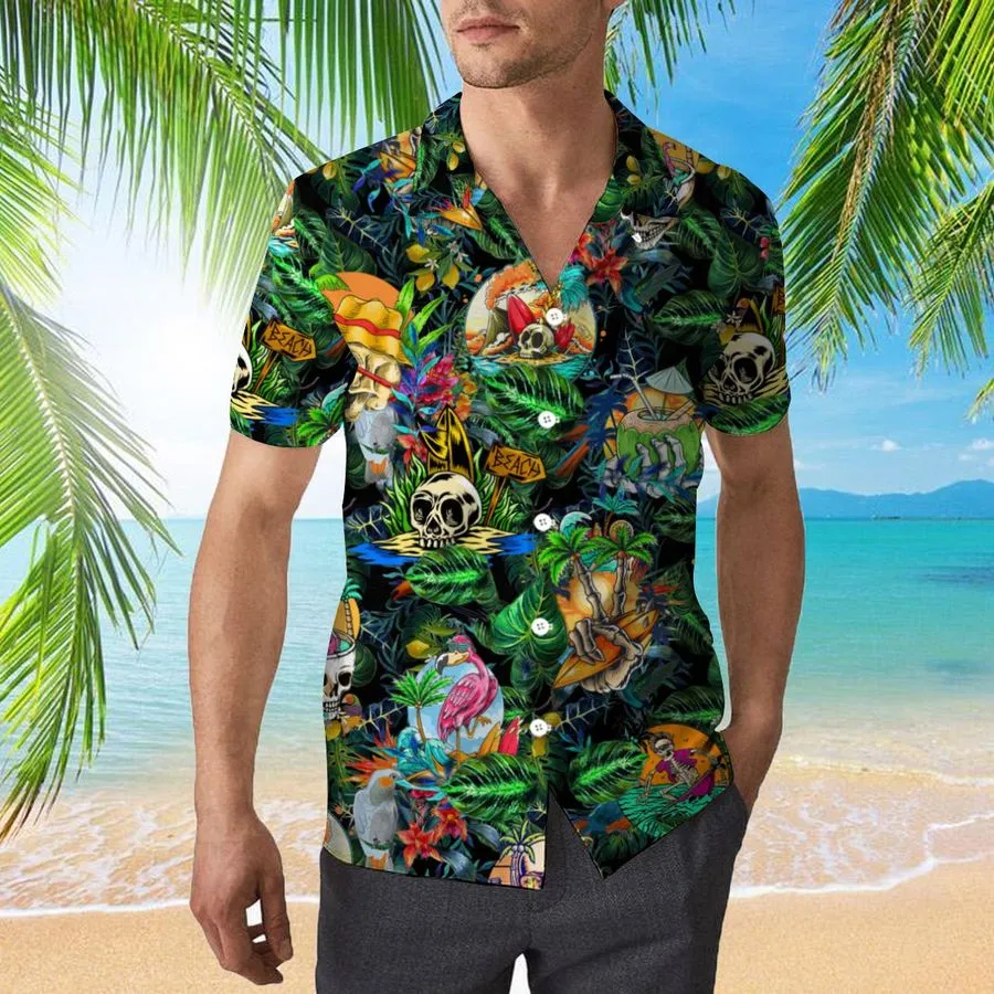 Summer Skeleton Skull Beach Party 3D All Over Print Button Design For Halloween Hawaii Shirt