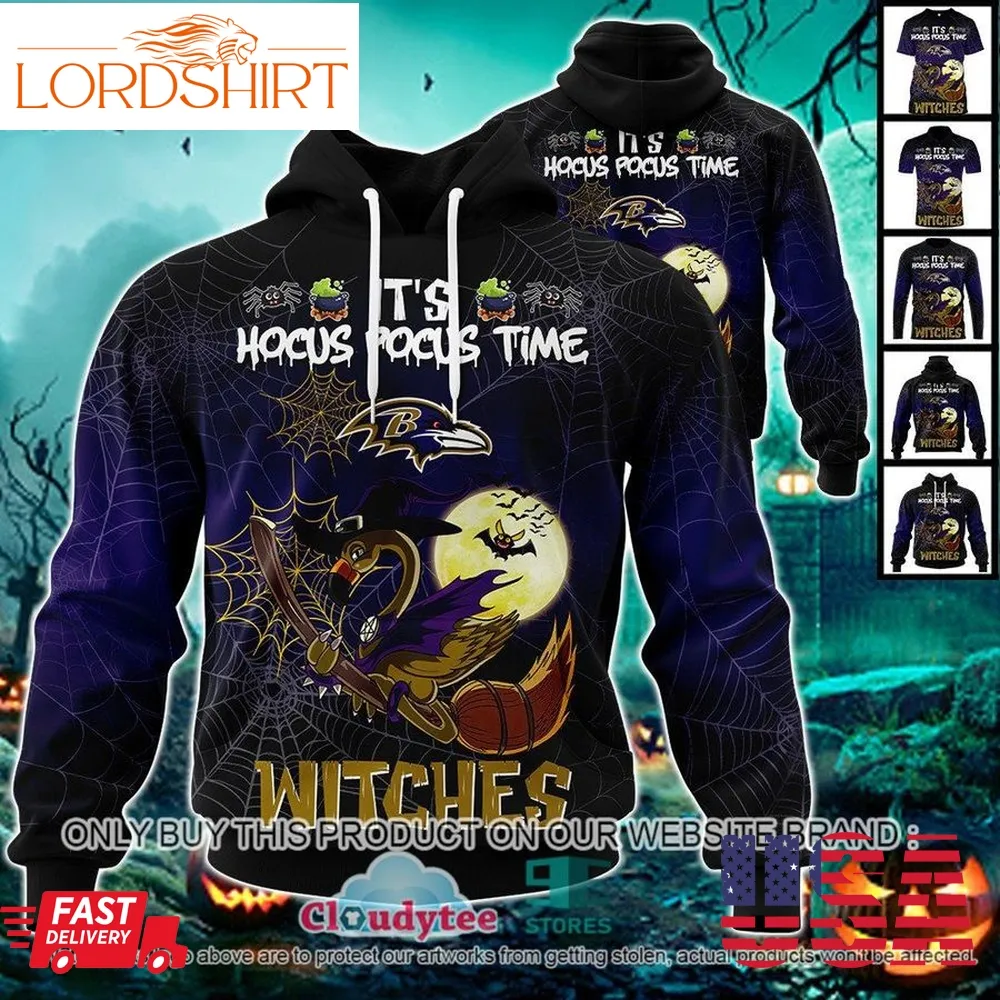 29 09Nfl Baltimore Ravens Halloween Pumpkin Flamingo It's Hocus Pocus Time Witches 3D Hoodie, Shirt