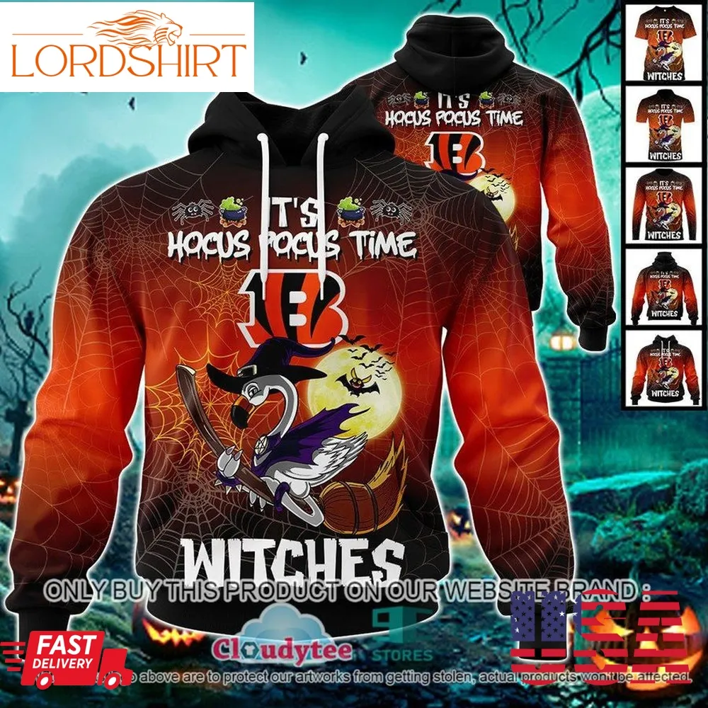 29 09Nfl Cincinnati Bengals Halloween Pumpkin Flamingo It's Hocus Pocus Time Witches 3D Hoodie, Shirt