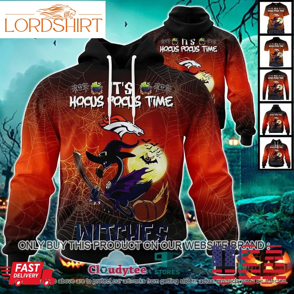 29 09Nfl Denver Broncos Halloween Pumpkin Flamingo It's Hocus Pocus Time Witches 3D Hoodie, Shirt