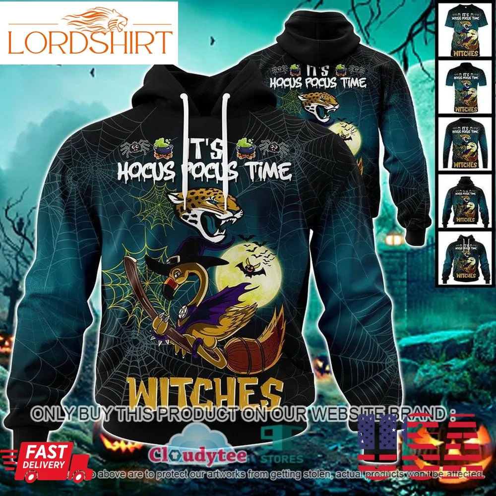 29 09Nfl Jacksonville Jaguars Halloween Pumpkin Flamingo It's Hocus Pocus Time Witches 3D Hoodie, Shirt