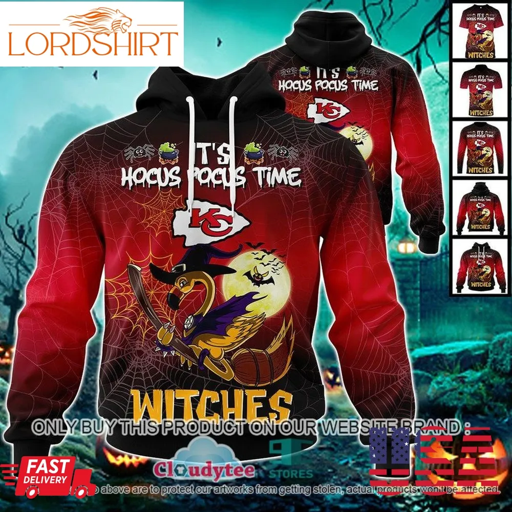 29 09Nfl Kansas City Chiefs Halloween Pumpkin Flamingo It's Hocus Pocus Time Witches 3D Hoodie, Shirt