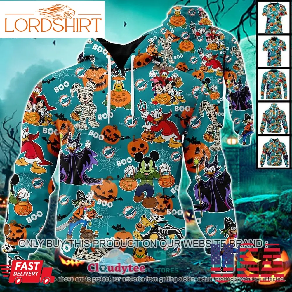 29 09Nfl Miami Dolphins Halloween Pumpkin Mickey With Friends Disney Style 3D Hoodie, Shirt