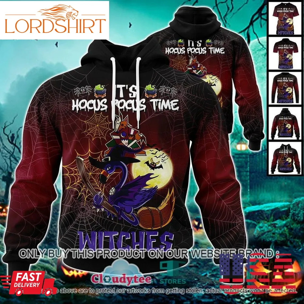 29 09Nhl Arizona Coyotes Halloween Pumpkin Flamingo It's Hocus Pocus Time Witches 3D Hoodie, Shirt