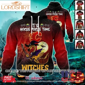 29 09Nhl Calgary Flames Halloween Pumpkin Flamingo It's Hocus Pocus Time Witches 3D Hoodie, Shirt