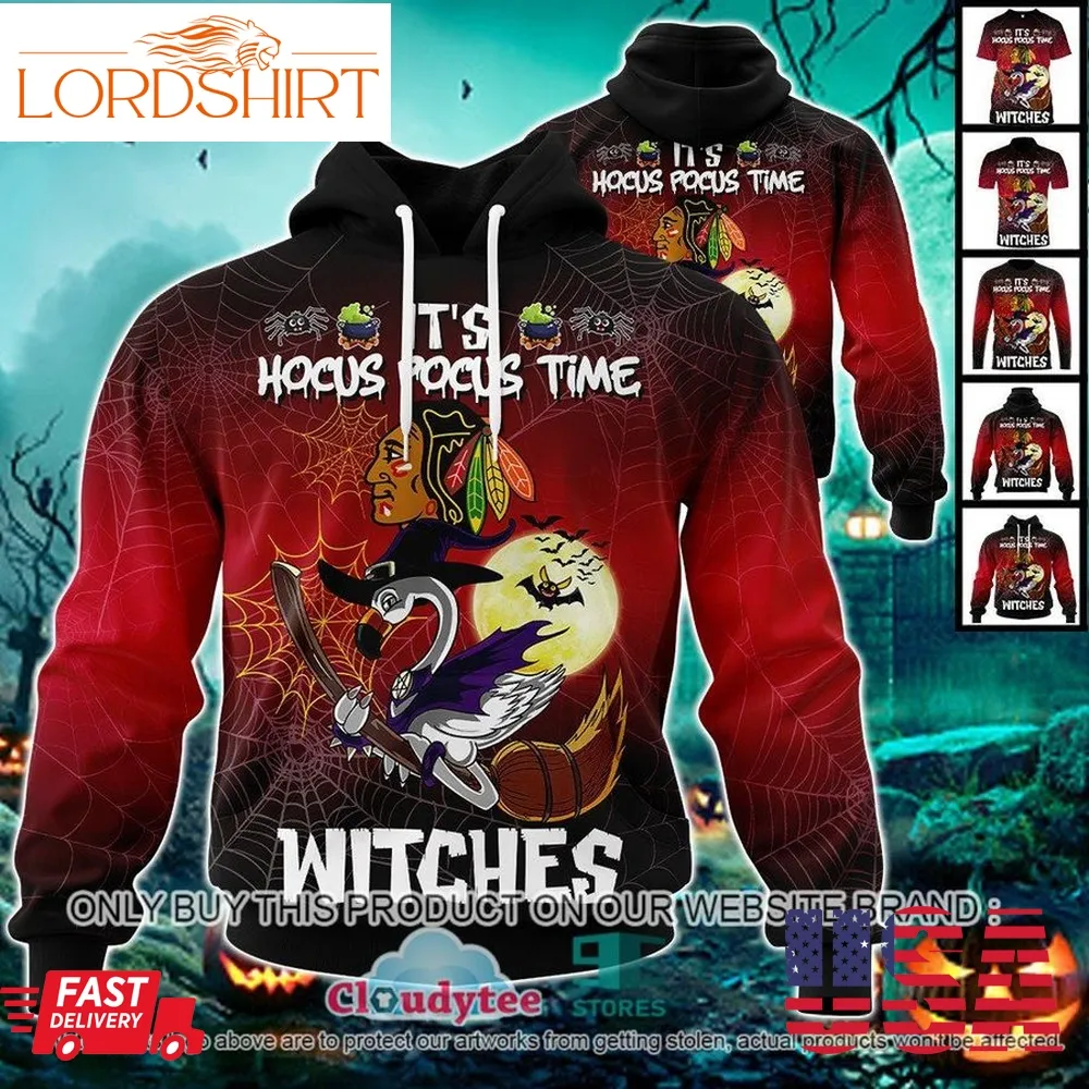 29 09Nhl Chicago Blackhawks Halloween Pumpkin Flamingo It's Hocus Pocus Time Witches 3D Hoodie, Shirt