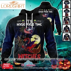 29 09Nhl Columbus Blue Jackets Halloween Pumpkin Flamingo It's Hocus Pocus Time Witches 3D Hoodie, Shirt