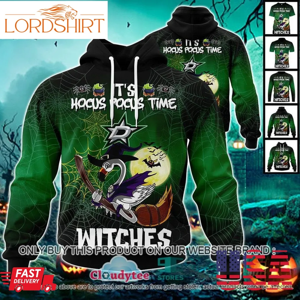 29 09Nhl Dallas Stars Halloween Pumpkin Flamingo It's Hocus Pocus Time Witches 3D Hoodie, Shirt