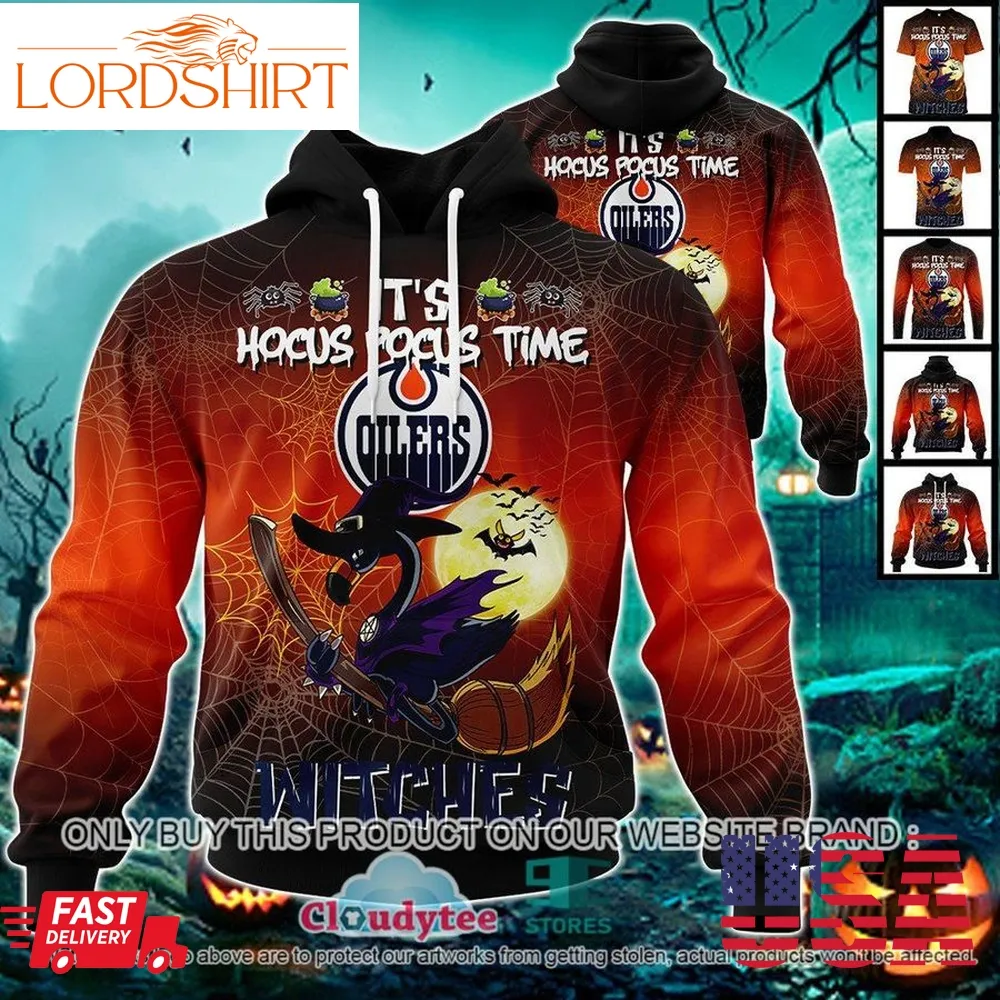 29 09Nhl Edmonton Oilers Halloween Pumpkin Flamingo It's Hocus Pocus Time Witches 3D Hoodie, Shirt