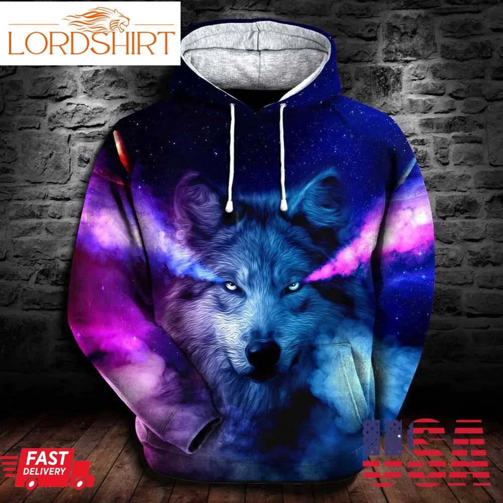 3D All Over Print Blue And Red Wolf Black Wall Brick Background Hoodie