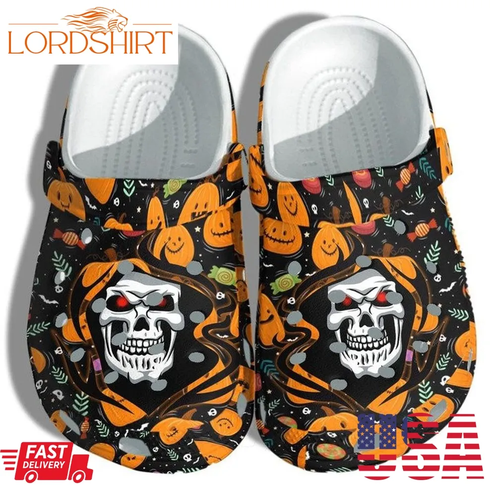 A Death Tattoo With Pumpkin Crocs Clog Halloween Custom Shoes