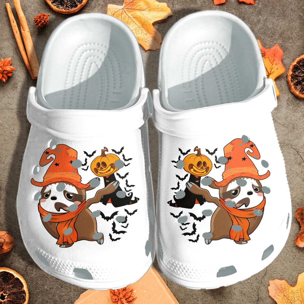 A Sloth Is Afraid Of Pumpkin Ghost Shoes Clog   Funny Halloween Pumpkin Crocs Crocband Clog Birthday Gift For Man Women