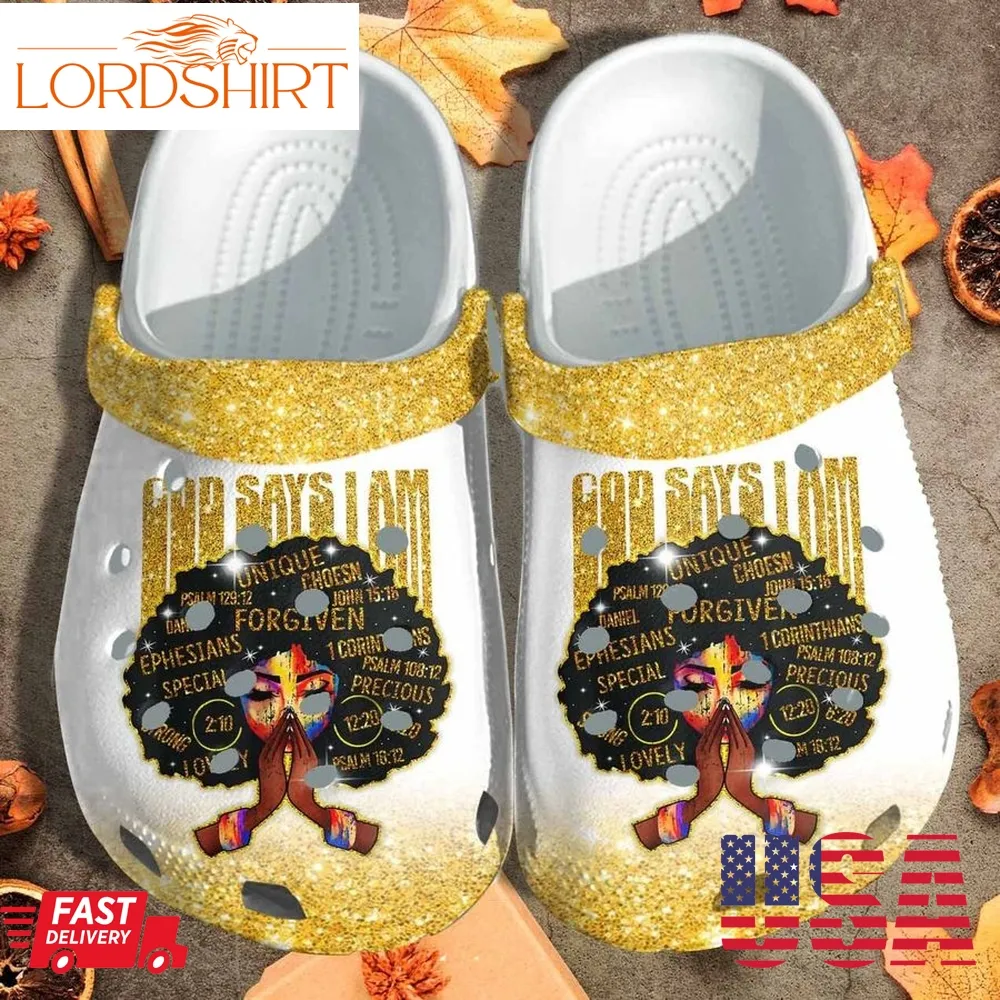 African God Say I Am For Women Custom Crocs Shoes Clogs   Gold Black Girl Magic Juneteenth Beach Crocs Shoes Clogs Birthday Gift For Women Mothers Day