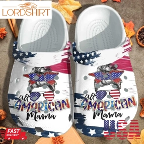 All American Mama Messy Custom Crocs Shoes Clogs   Bun Hair Style American Flag Outdoor Crocs Shoes Clogs Birthday Gift For Mother Daughter Friend