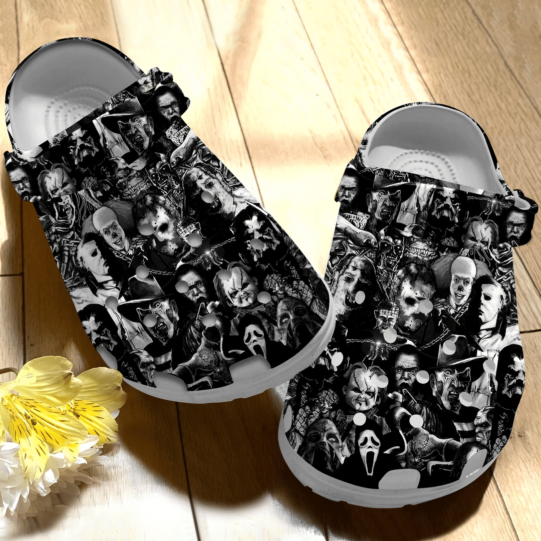 All Black Horror Characters Halloween Crocs For Mens And Womens Classic Water Rubber Crocs Crocband Clogs, Comfy Footwear