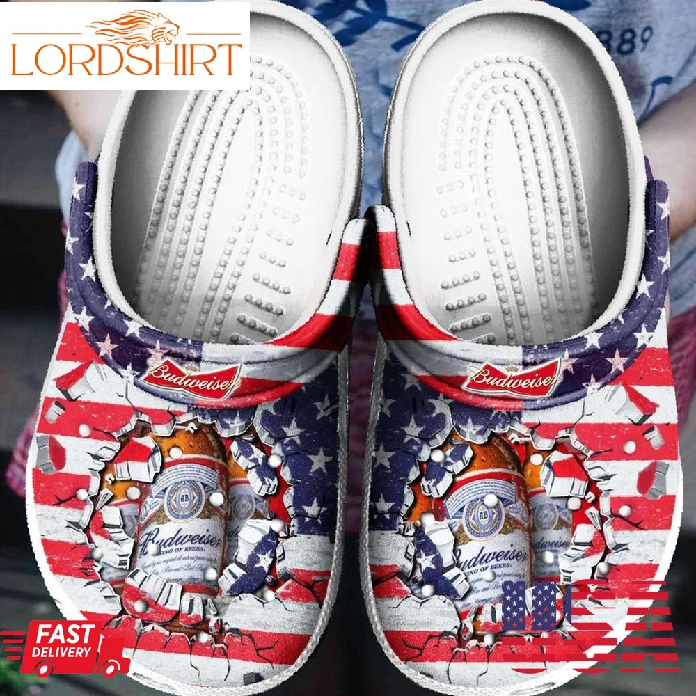 American Flag And Budweiser For Mens And Womens Gift For Fan Classic Water Rubber Crocs Crocband Clogs, Comfy Footwear