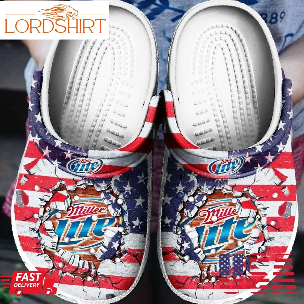 American Flag And Miller Lite For Mens And Womens Gift For Fan Classic Water Rubber Crocs Crocband Clogs, Comfy Footwear