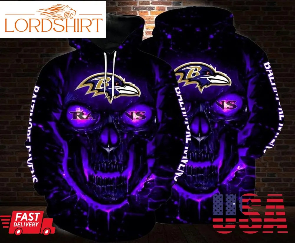 Baltimore Ravens Nfl Skull Pullover And Zippered Hoodies Custom 3D Graphic Printed 3D Hoodie All Over Print Hoodie For Men For Women