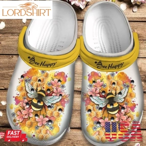 Bee Happy Flower Honey Gift For Lover Rubber Crocs Crocband Clogs, Comfy Footwear Men Women Size Us