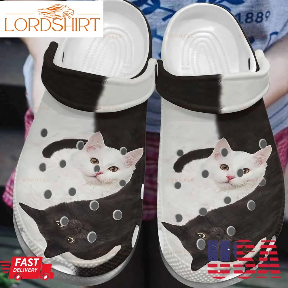 Black And White Cat Couple Gift For Lover Rubber Crocs Crocband Clogs, Comfy Footwear Men Women Size Us