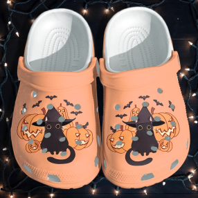 Black Cat Kawaii Wearing Witch Hat Pumpkin Crocs Shoes Clog   Halloween Pumpkin Crocs Crocband Clog Birthday Gift For Man Woman