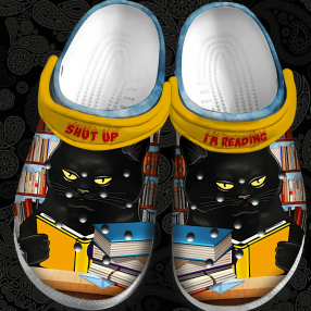 Black Cat Love Read Shut Up! IM Reading Gift For Lover Rubber Crocs Crocband Clogs, Comfy Footwear