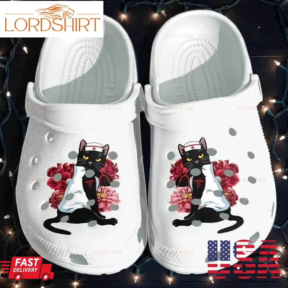 Black Cat Nurse Lover Flower Tattoo Gift For Lover Rubber Crocs Crocband Clogs, Comfy Footwear