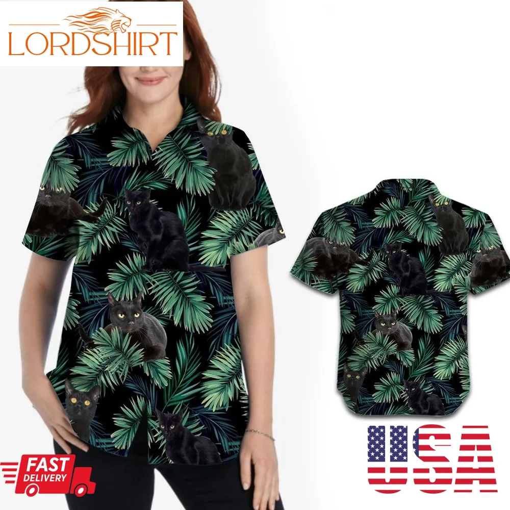 Black Cats Tropical Palm Tree Leaves Women Hawaiian Shirt For Pet Lovers