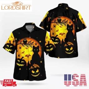 Black Night Halloween Spooky Night Pumpkin Cat Owl Bat Hawaiian Shirt, Print Aloha Short Sleeve Unisex Shirt