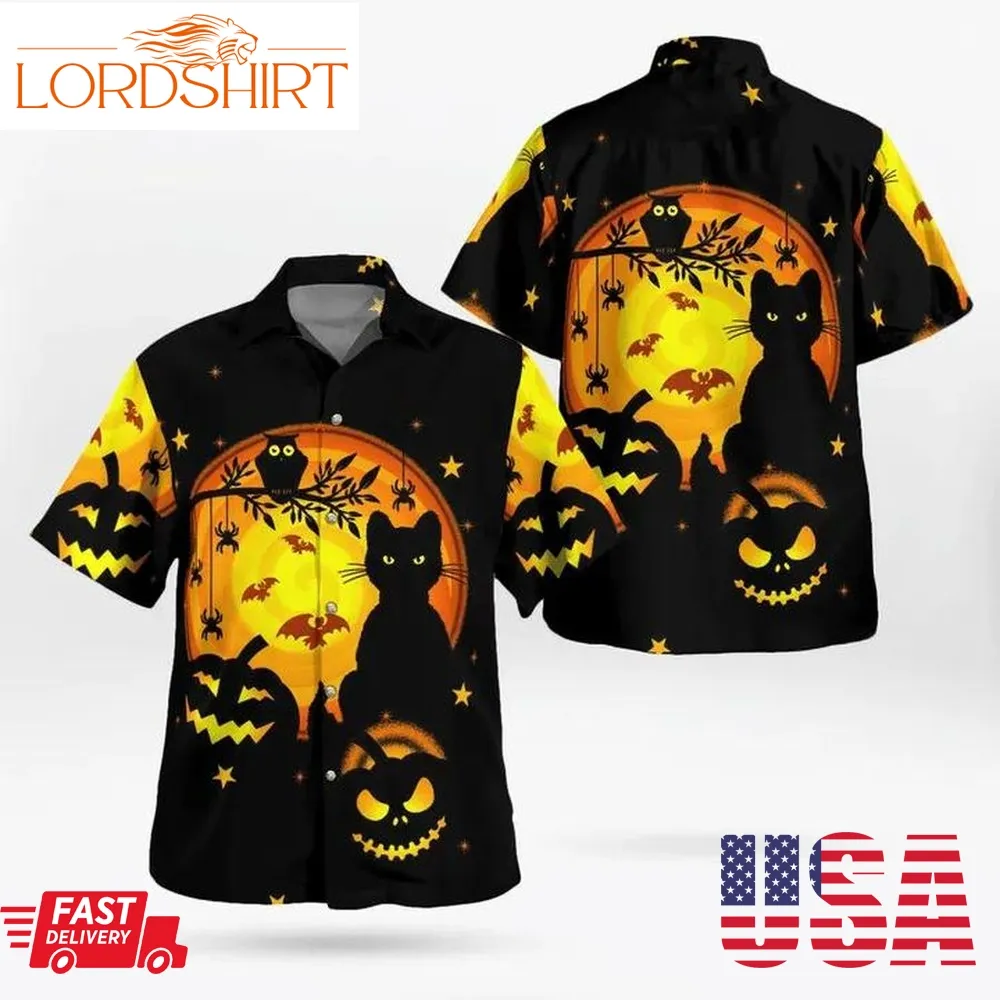 Black Night Halloween Spooky Night Pumpkin Cat Owl Bat Hawaiian Shirt, Print Aloha Short Sleeve Unisex Shirt