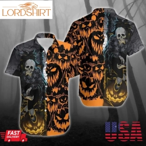 Black & Orange Pumpkin Halloween Hawaiian Shirt, Print Aloha Short Sleeve Unisex Shirt Hawaiian Shirts Black