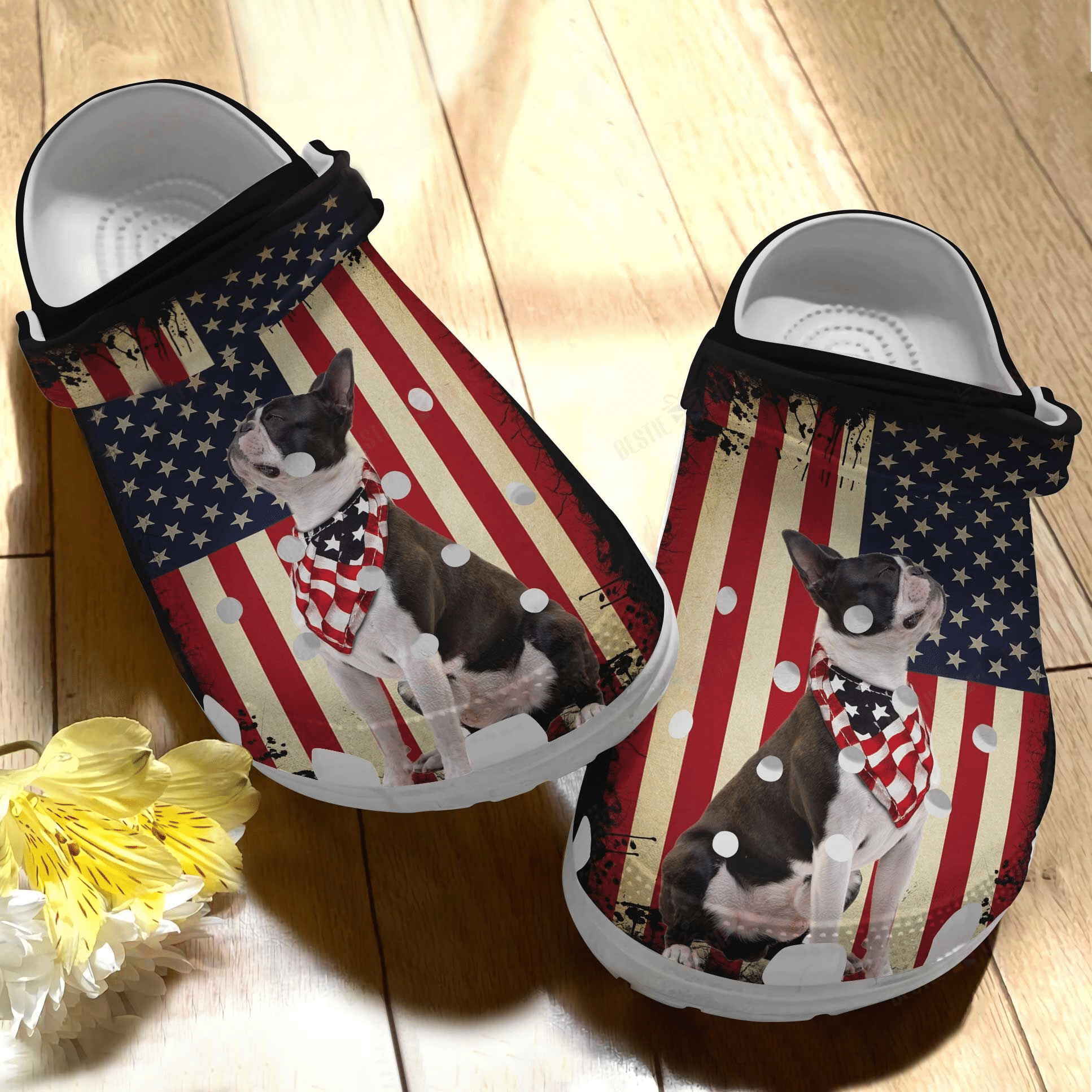 Boston Terrier In Independence Day Clogs Crocs Shoes Gifts For Men Women   Boston146