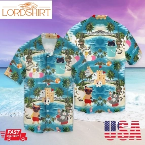 Cat Hawaii In The Beach Graphic Print Short Sleeve Hawaiian Casual Shirt Y97