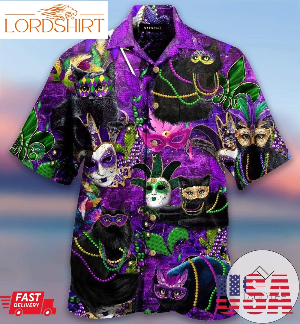 Cat Mardi Gras Purple Black Hawaiian Aloha Shirts