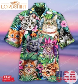 Cat With Many Expressions Tropical Leaves Hawaiian Shirt