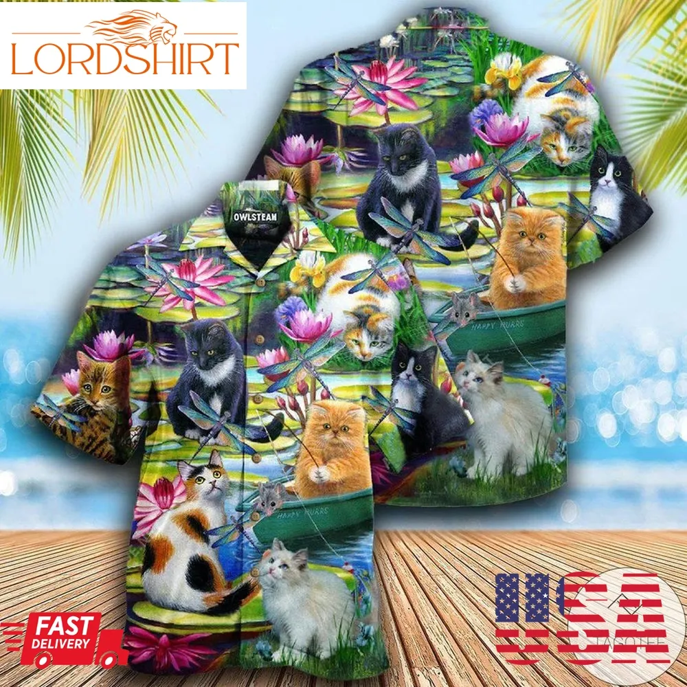 Cats Curious In A Water Lily Lake Hawaiian Shirt