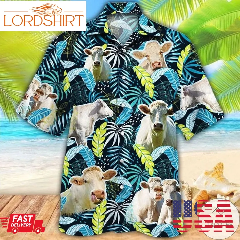 Charolais Cattle Lovers Jungle Leaves Hawaiian Shirt