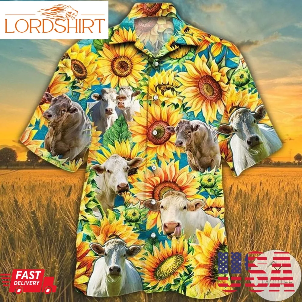 Charolais Cattle Lovers Sunflower Watercolor Hawaiian Shirt