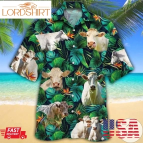 Charolais Cattle Lovers Tropical Leaves Hawaiian Shirt