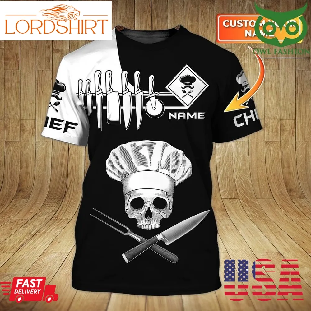 Chef Skull And Knives Personalized Name Black 3D Tshirt