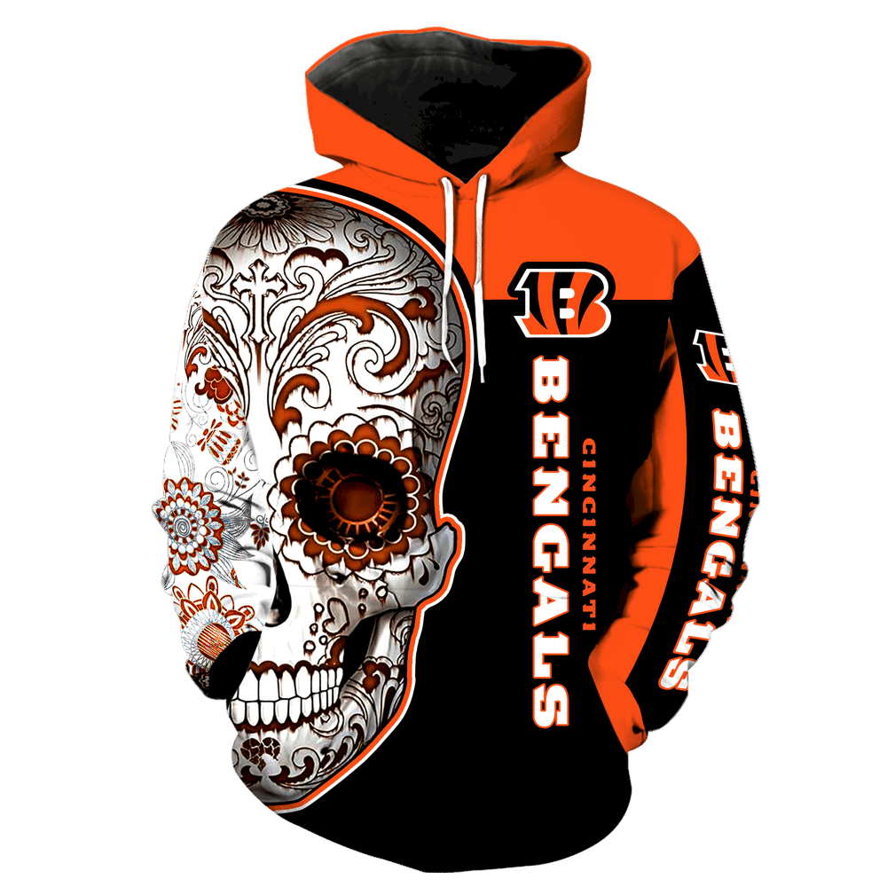 Cincinnati Bengals Skull New Full Over Print V1326 Hoodie Zipper