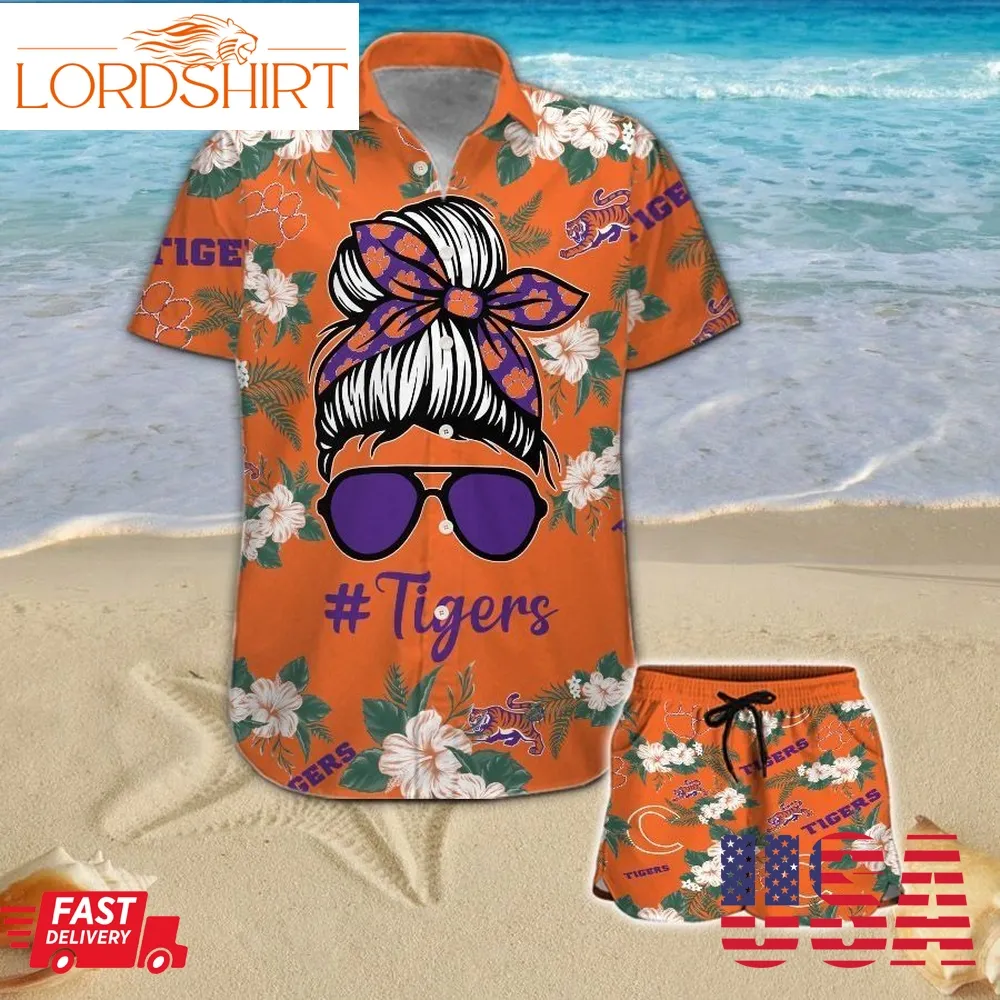 Clemson Tigers Girl Messy Bun Short Sleeve Button Up Tropical Aloha Hawaiian Shirts For Men Women