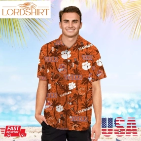 Clemson Tigers Tropical Beach Coconut Tree Short Sleeve Button Up Tropical Aloha Hawaiian Shirts For Men Women Clemson University
