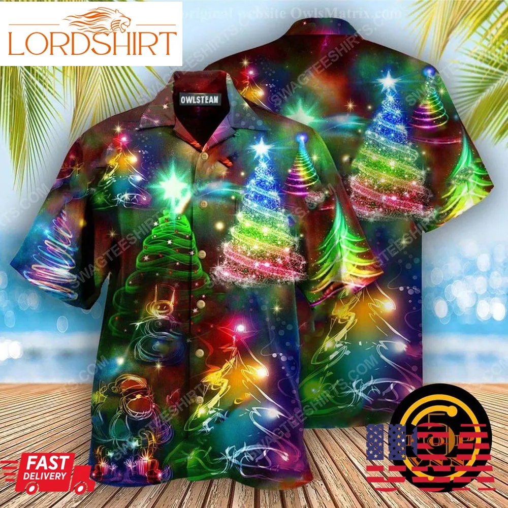 Colorful Neon Christmas Tree Hawaiian Shirt And Shorts