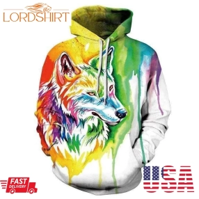 Colorful Wolf Head Couple Hooded Pocket Pullover Sweater Hoodie