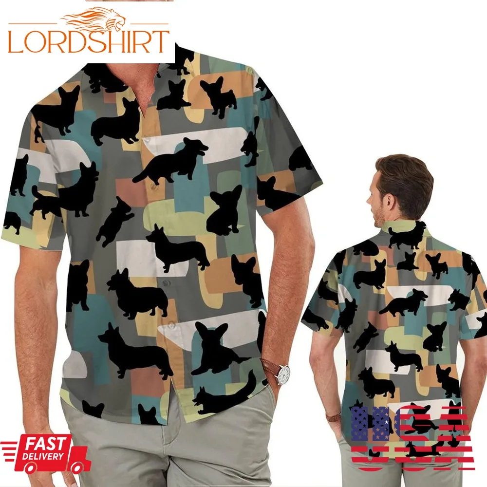 Corgi Silhouettes Pastel Colors Lovely Men Aloha Hawaiian Button Up Shirt For Dog Pet Animal Lovers On Beach Summer Vacation