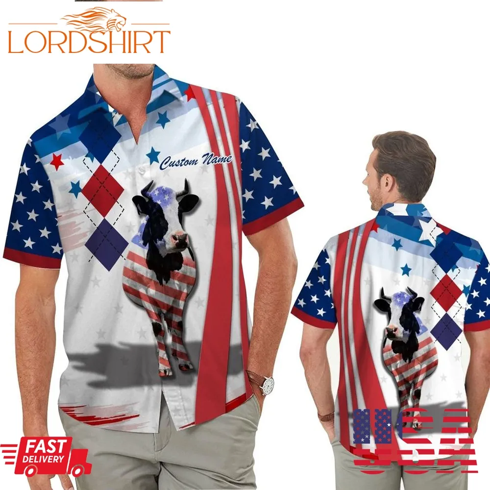 Cow American Flag Independence Day 4Th Of July Custom Name Men Hawaiian Shirt